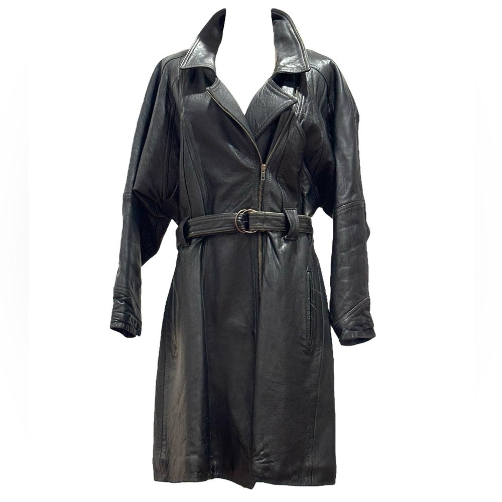 BLACK LEATHER BELTED GRUNGE PUNK GOTH TRENCH COAT FRENCH VERSION FRANCAISE SZ L - Picture 3 of 17